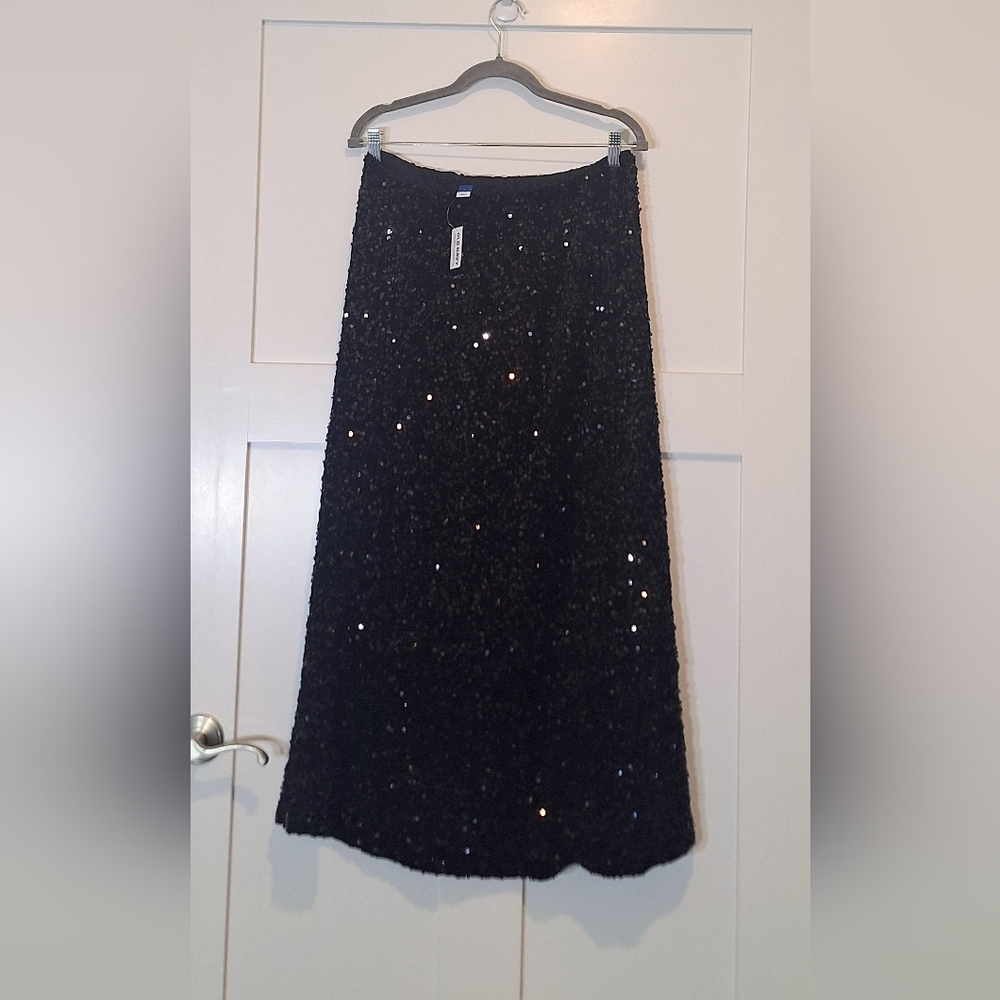 Old Navy Sequin A Line Maxi Skirt Black Stretchy Lined Sparkly Party New